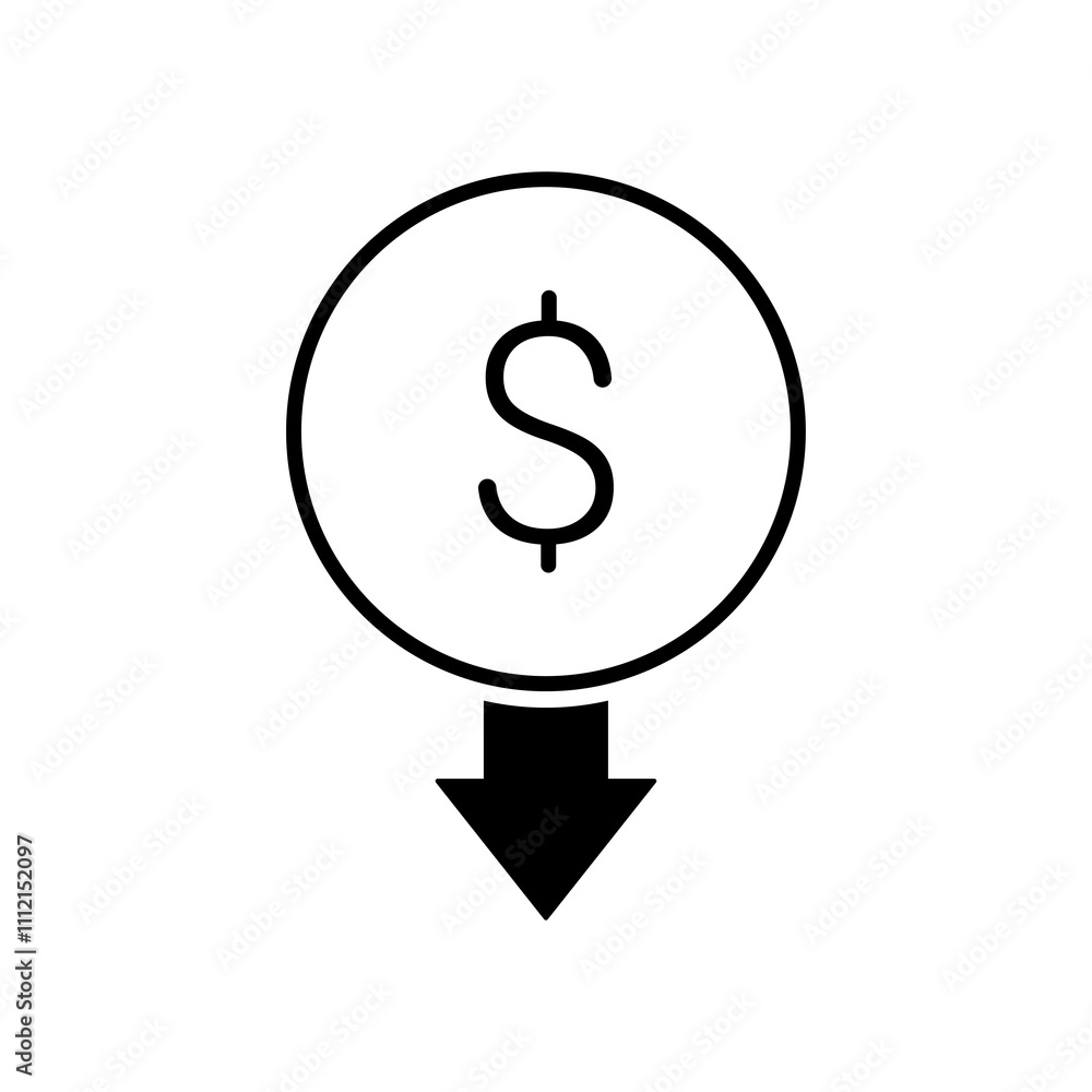 Cost reduction icon with a lower arrow isolated on a transparent background. Cost reduction icon with a lower arrow isolated on a transparent background.