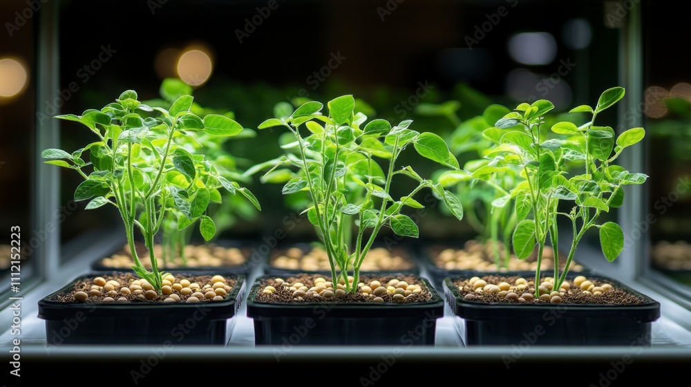 Rows of genetically enhanced soybean plants under optimal conditions represent superior yields through modern agricultural methods. Rows of genetically enhanced soybean plants under optimal conditions represent superior yields through modern agricultural methods.