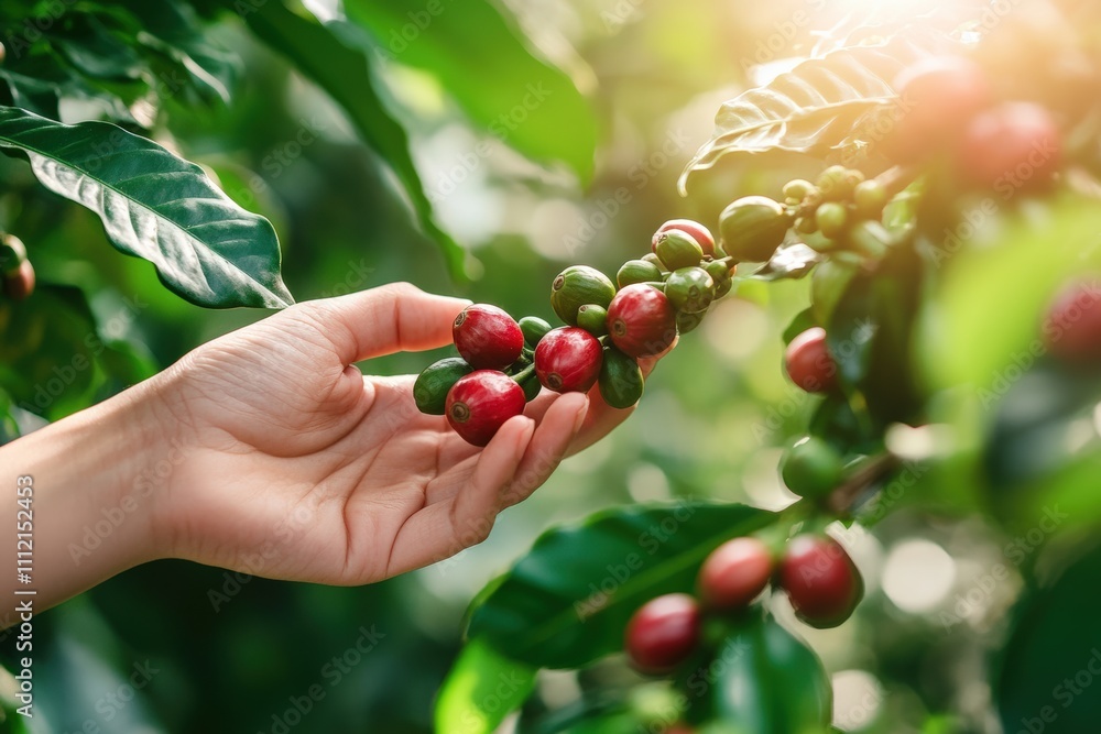 Sustainable Coffee Bean Harvest A Hand Gently Picks Ripe Red Coffee Cherries from a Lush Plantation, Showcasing Ethical and Eco-Friendly Farming Practices Sustainable Coffee Bean Harvest A Hand Gently Picks Ripe Red Coffee Cherries from a Lush Plantation, Showcasing Ethical and Eco-Friendly Farming Practices