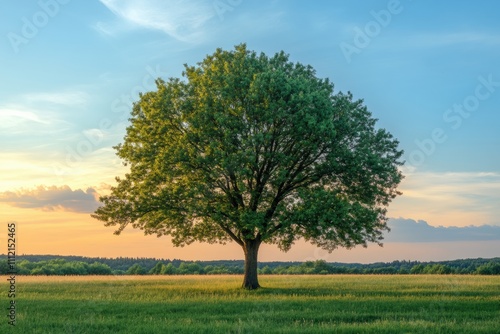 A solitary tree rises majestically in a vast open field, basking in the warm hues of a sunset sky filled with soft clouds. Generative AI