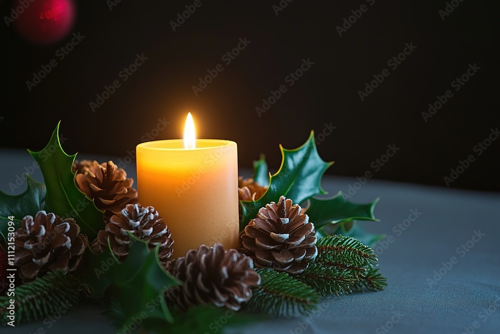 Lit candle with pine cones and holly leaves on dark background Lit candle with pine cones and holly leaves on dark background