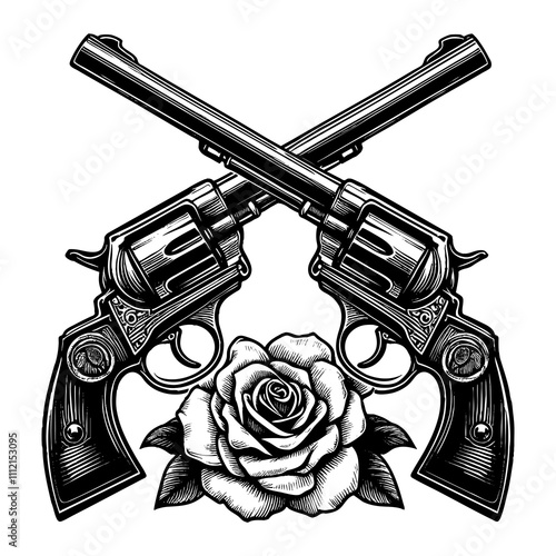 crossed revolvers with rose. Tattoo design blending classic weaponry and floral motifs sketch engraving generative ai PNG illustration. Scratch board imitation. Black and white image. photo