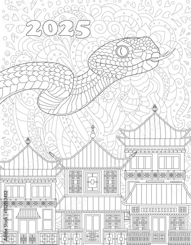 coloring book page for adults and children. cityscape with snake symbol chinese new year 2025 against fancy abstract pattern background