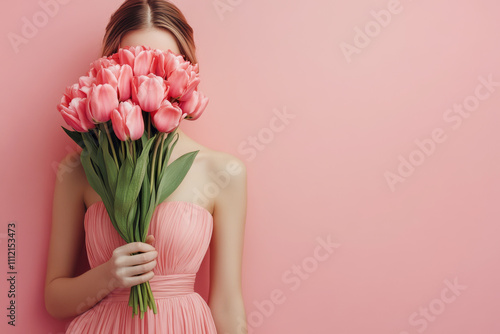 Woman in pink dress holding bouquet of pink tulips covering her face on pink background, celebrating women's day or mother's day