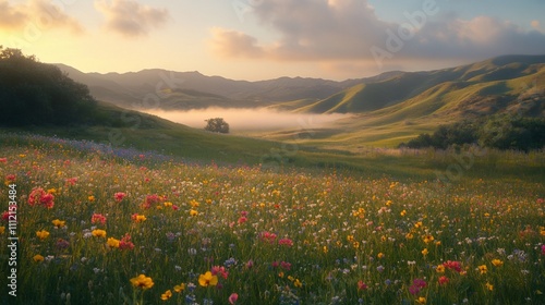 Wallpaper Mural Sunrise over vibrant wildflowers in a misty valley. Torontodigital.ca