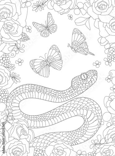 coloring book page for adults and children with snake and butterflies in floral frame of roses and berries