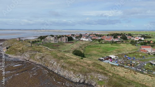 Lindisfarne priory holy island England drone,aerial summers day