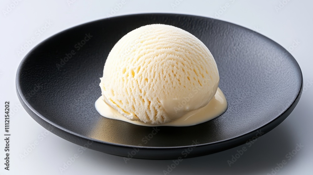 Scoop of vanilla ice cream on black plate dessert photography minimalist style studio setting close-up view Scoop of vanilla ice cream on black plate dessert photography minimalist style studio setting close-up view