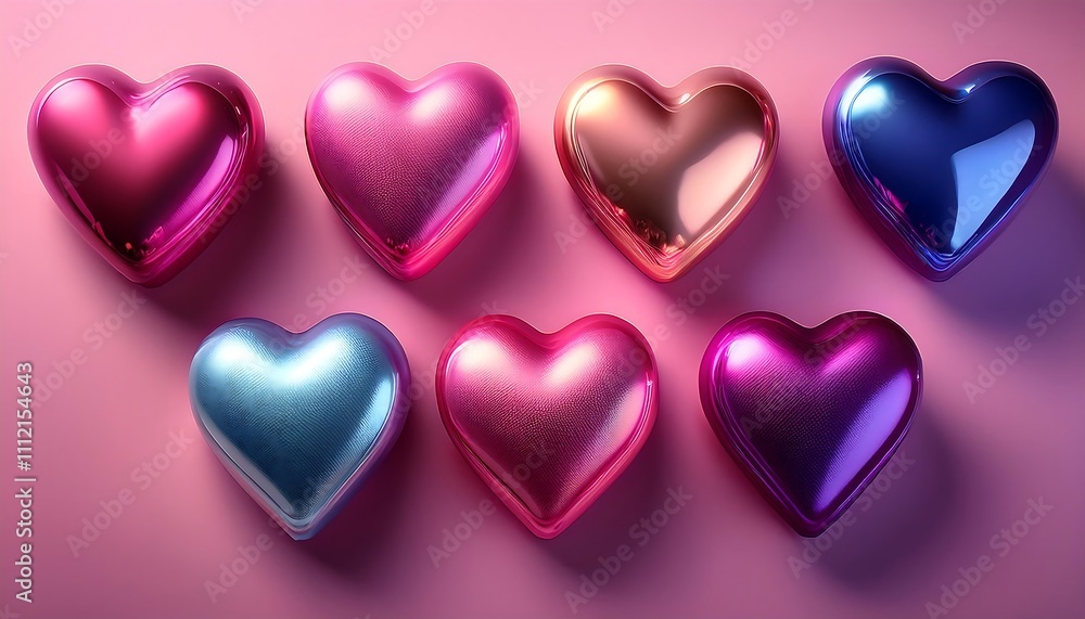 Six glossy hearts in various colors float on a pink background. Six glossy hearts in various colors float on a pink background.