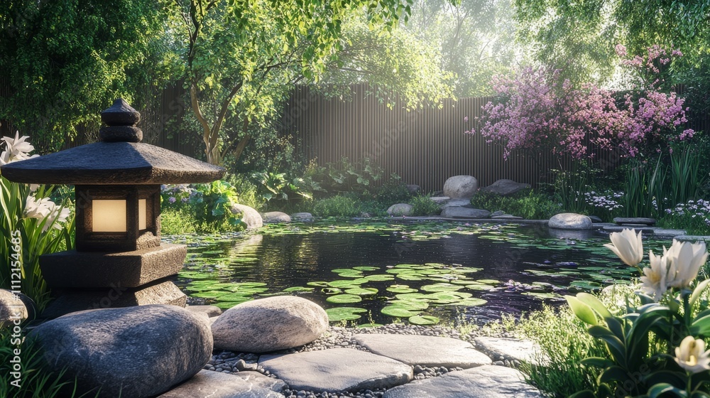 Serene Japanese Garden Pond With Stone Lantern And Flowers Serene Japanese Garden Pond With Stone Lantern And Flowers