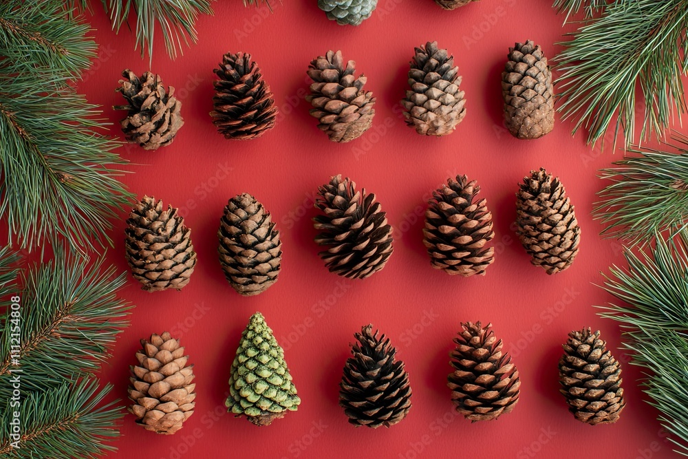 Fototapeta premium Festive Charm: Pine Cones and Christmas Tree Branches on a Vibrant Red Backdrop