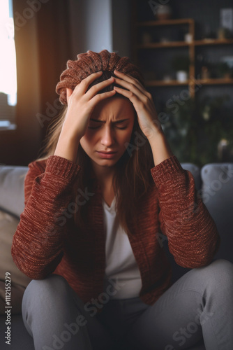 sad woman with headache Generative AI