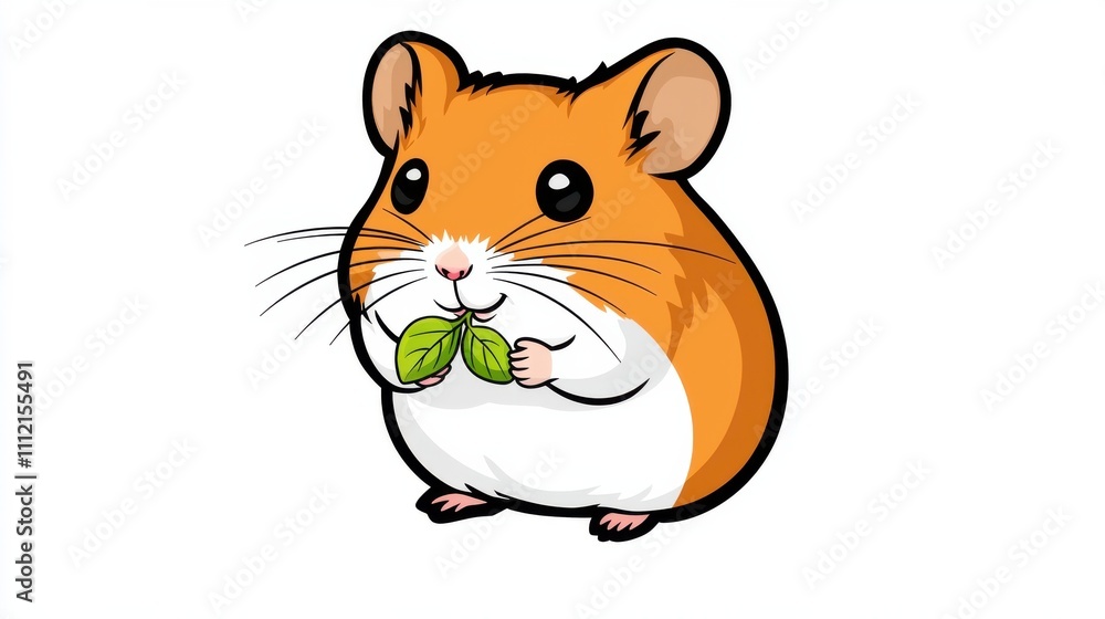 Cute Cartoon Hamster Eating Green Leaf Snack in Nature Cute Cartoon Hamster Eating Green Leaf Snack in Nature