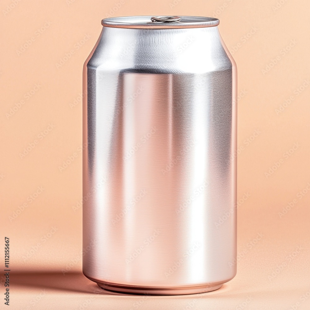 Food packaging can mock-up concept in a minimalist style. Sleek silver aluminum can on a soft background Food packaging can mock-up concept in a minimalist style. Sleek silver aluminum can on a soft background