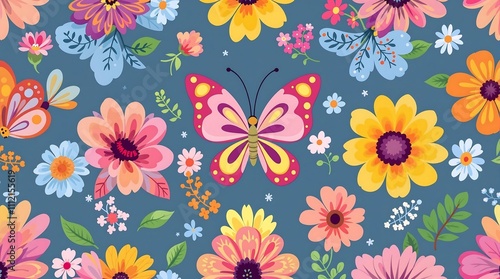 Colorful Butterfly and Floral Pattern on Blue Background. Generator AI