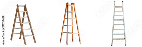 Construction materials equipment tools concept. Set of wooden ladders with different heights for construction, renovation, or painting tasks in professional or home settings.