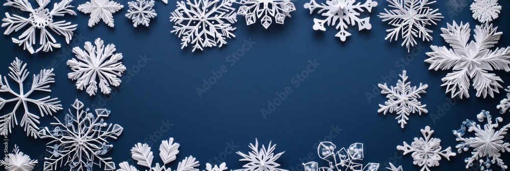 Delicate snowflakes frame a blank area, perfect for adding personal messages or seasonal greetings during winter festivities. Generative AI Delicate snowflakes frame a blank area, perfect for adding personal messages or seasonal greetings during winter festivities. Generative AI