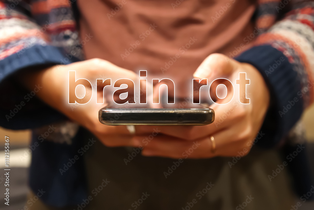 Brain rot. Oxford Word of the Year 2024. Brain rot concept with a stylized illustration of a decaying brain, symbolizing mental overconsumption