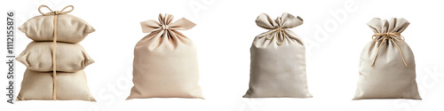 Construction materials equipment tools concept. Set of neutral fabric bags with ties, perfect for packing, storage, or gifting. Ideal for various creative projects and presentations. photo