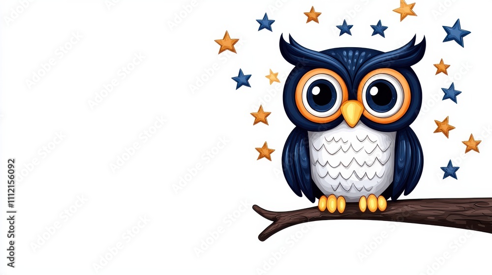 Cute Cartoon Owl Sitting on Tree Branch Under Starry Night Sky Cute Cartoon Owl Sitting on Tree Branch Under Starry Night Sky