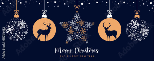 christmas greeting card with decorative christmas balls with reindeer vector illustration