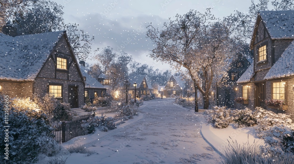 Fototapeta premium Winter Wonderland: Charming Village in Soft Evening Light with Falling Snow - Ultra-Detailed and Cozy Atmosphere
