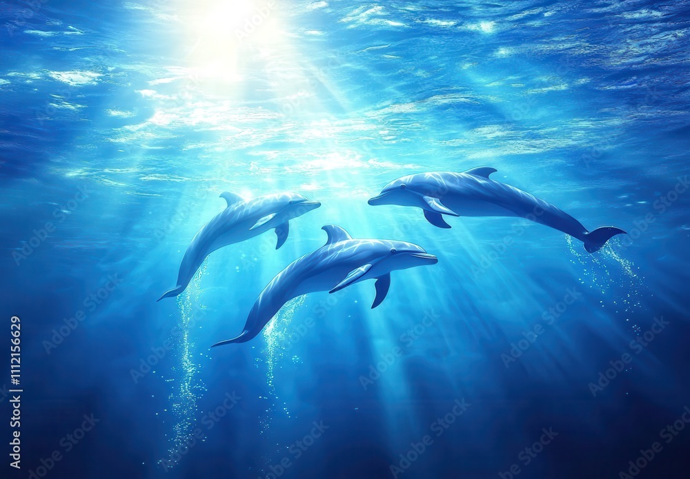 Fototapeta premium Graceful Dolphins Swimming in Crystal Clear Ocean Water with Sunlight Streaming Through the Surface, Creating a Serene Underwater Scene