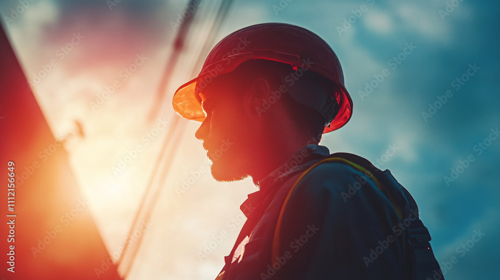 Portrait of an engineer at sunset, working on a construction site with a helmet and harness. Portrait of an engineer at sunset, working on a construction site with a helmet and harness.