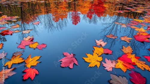 Autumn Leaves Floating on Calm Water Reflecting Trees