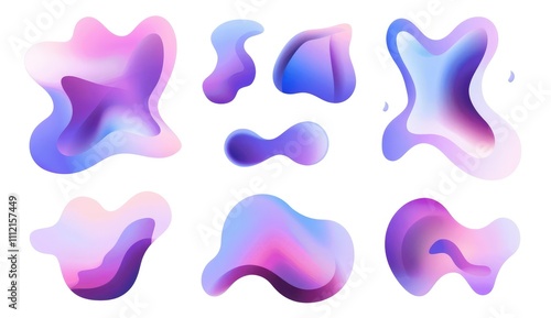 Set of fluid vector shapes with a purple and blue gradient on a white background, featuring a simple flat icon design. Abstract organic shape suitable for graphic or web elements