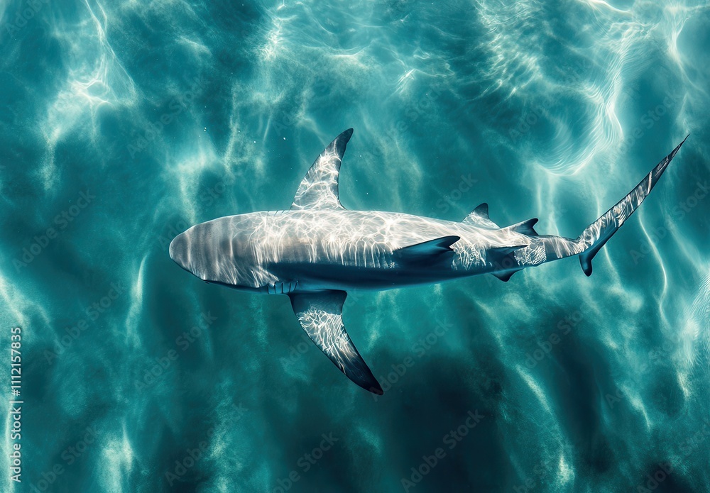 Fototapeta premium Graceful Shark Swimming in Crystal Clear Blue Water Beneath the Surface, Showcasing Aquatic Elegance and Natural Beauty of Marine Life