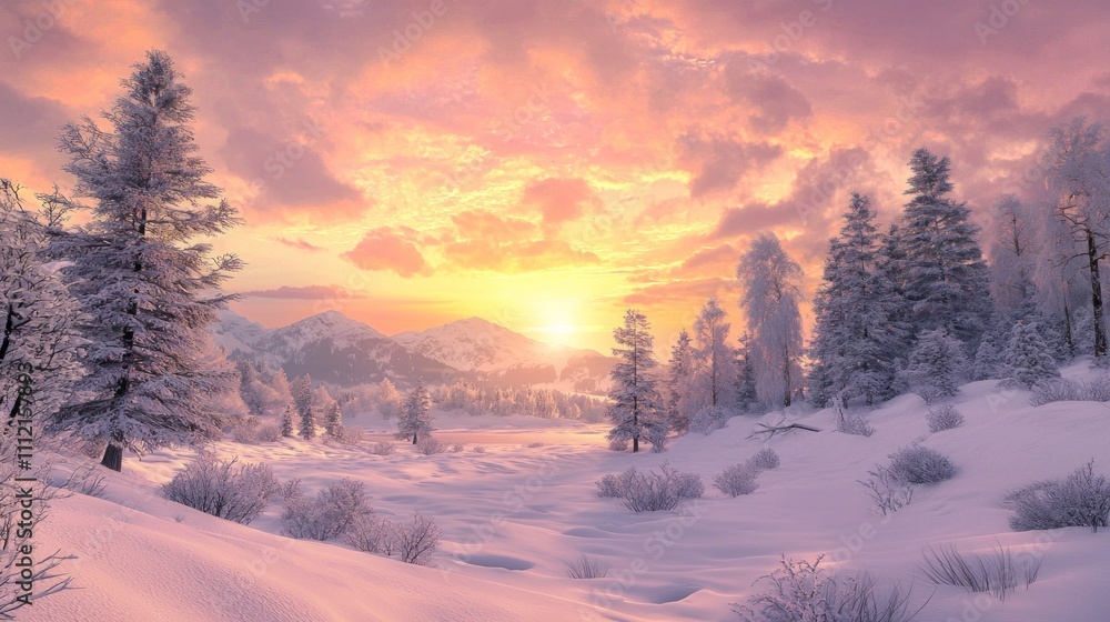 Fototapeta premium Tranquil Winter Sunset in Snow-Covered Valley: Serene Landscape with Orange and Pink Clouds Reflecting on Snow, Ultra-Detailed Photorealistic Image
