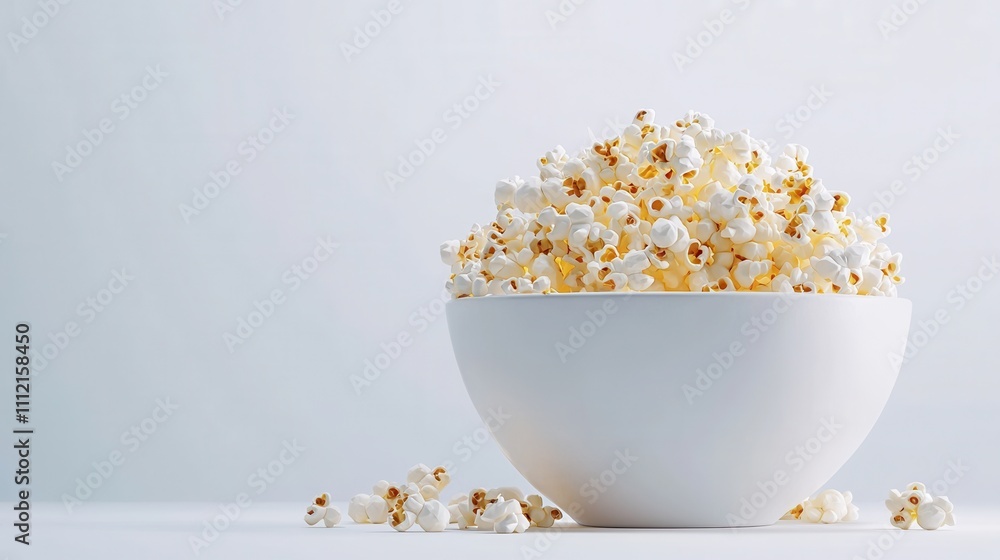 Freshly Popped Popcorn in a White Bowl on a Light Background Freshly Popped Popcorn in a White Bowl on a Light Background