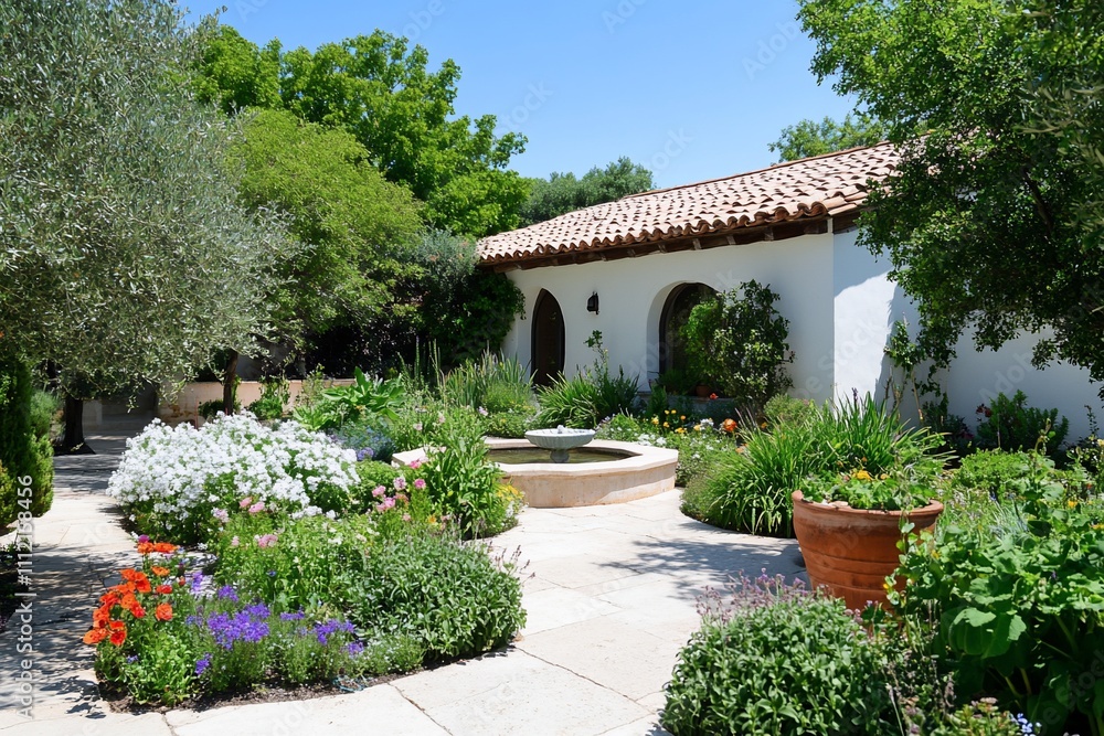 A serene garden with a fountain and vibrant flowers. A serene garden with a fountain and vibrant flowers.