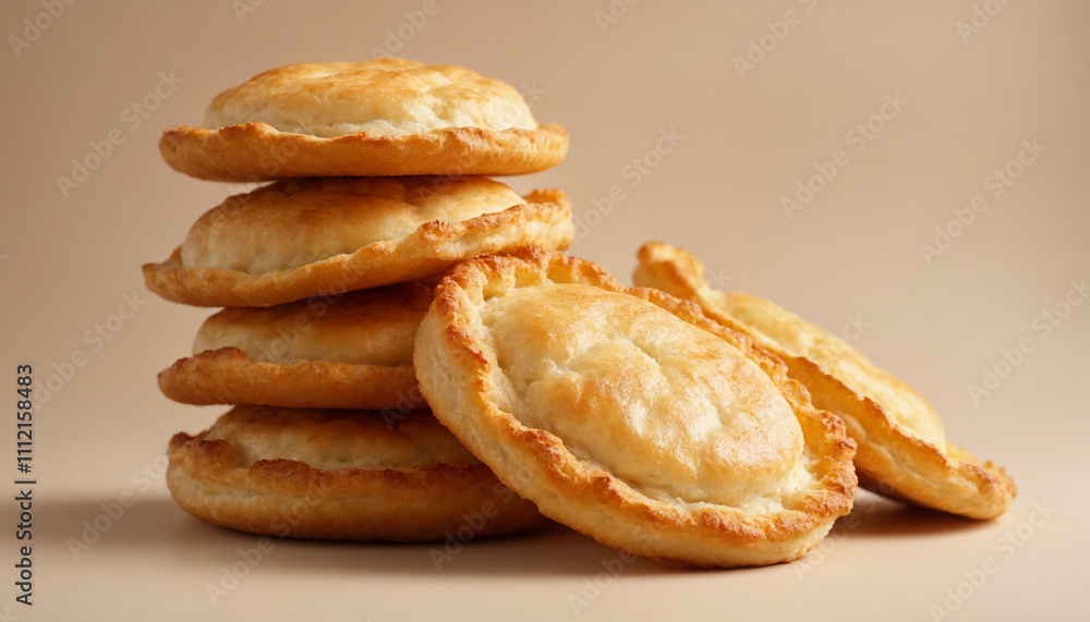 Close-up of a stack of medialunas in a detailed style in golden hues representing bakery goods