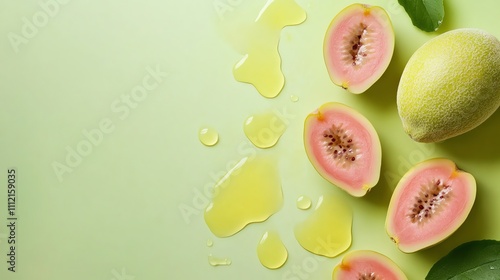 A flat lay of whole and halved kiwano melons on a green background. photo