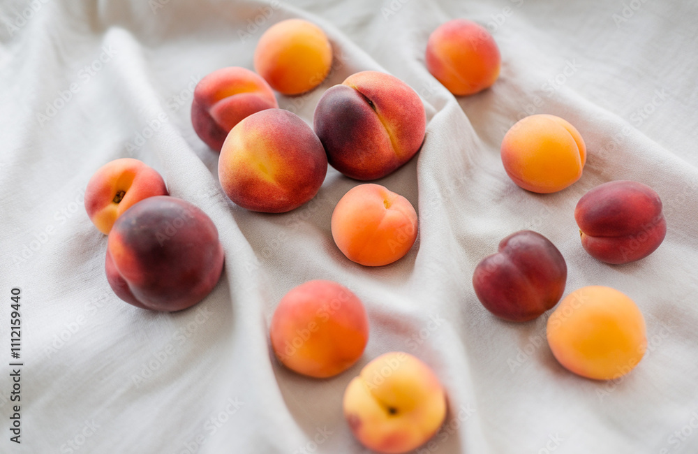 A collection of fresh fruits apricot or nectarines scattered on a light-colored fabric.png