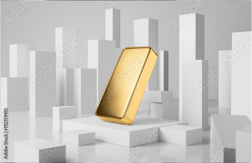 A gold bar, standing upright on a white platform, surrounded by white rectangular white blocks