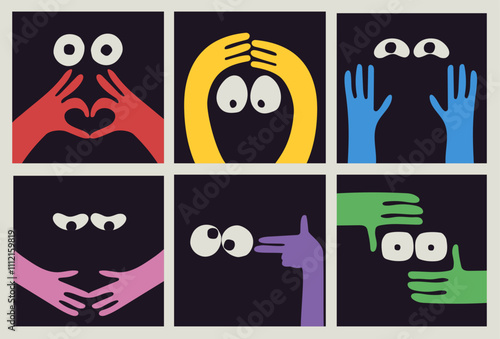Comic emoji black icons with hands and eyes. Various finger gestures, signs and symbols. Vector cartoon abstract trendy flat isolated face emotions set