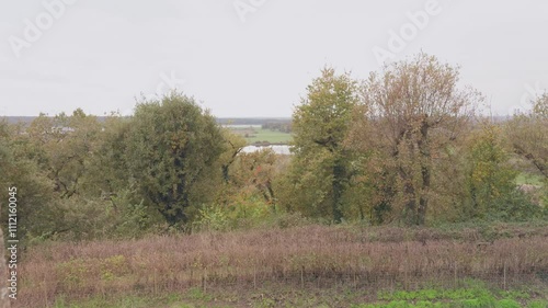 Forward moving shot revealing serene green landscape from window of Château du Bouchet (Castle of Le Bouchet) in Rosnay, France. photo