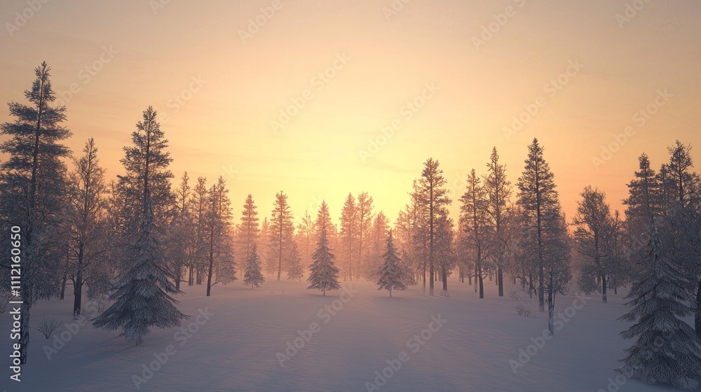 Golden Winter Sunset Over Snow-Covered Forest - Tranquil and Magical Scene with Ultra-Detailed Realism Golden Winter Sunset Over Snow-Covered Forest - Tranquil and Magical Scene with Ultra-Detailed Realism