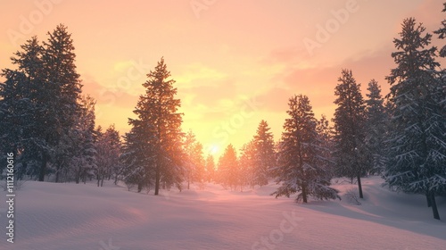 Enchanting Winter Sunset: Tranquil Snow-Covered Forest in Golden Light | Ultra-Detailed Photorealistic Scene of Magical Ambiance