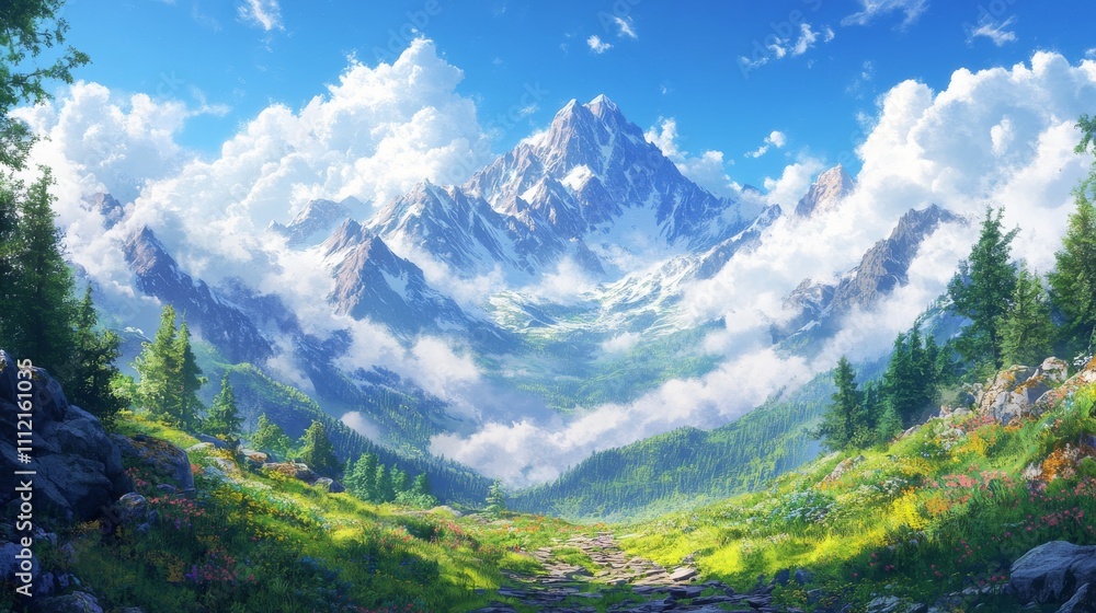 Naklejka premium Majestic Mountain Vista With Blooming Alpine Meadows