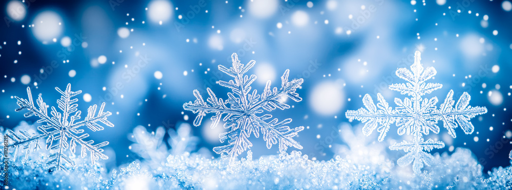 Christmas closeup background with snowflakes in snowfall. Banner, wallpaper and postcard concept. Christmas closeup background with snowflakes in snowfall. Banner, wallpaper and postcard concept.