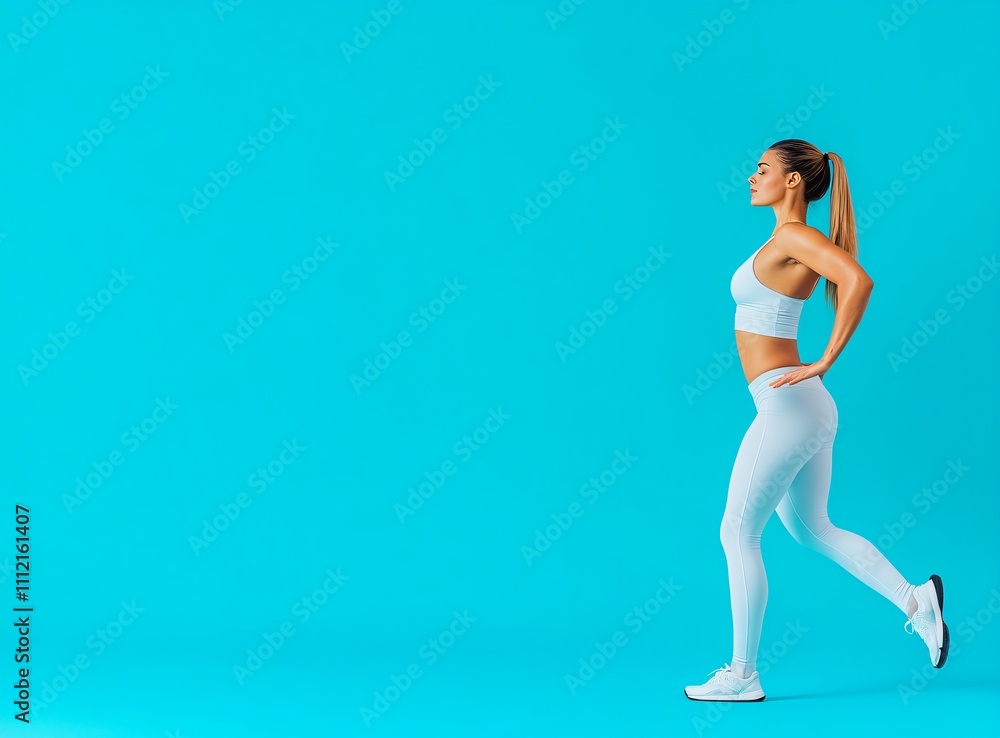 Fototapeta premium Fit woman walking in white sportswear and sneakers on a bright blue background. Studio fitness photography with copy space. Healthy lifestyle and wellness concept.