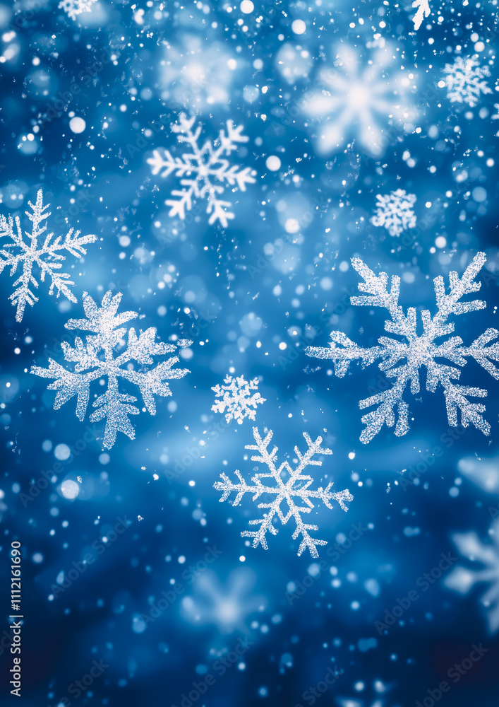 Closeup snowflakes falling on the blue background. Winter theme. Card and banner concept. Closeup snowflakes falling on the blue background. Winter theme. Card and banner concept.
