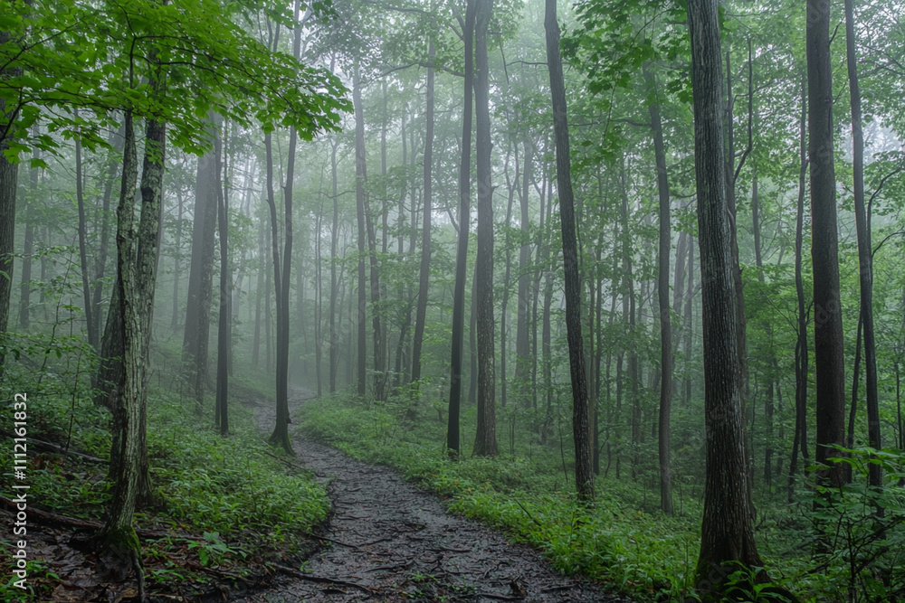 Obraz premium Misty forest path winding through tall trees in lush greenery
