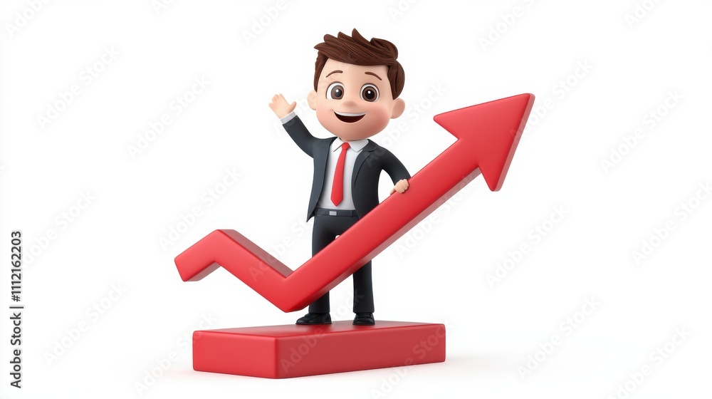 Confident Business Professional Standing on Upward Trending Graph Arrow Confident Business Professional Standing on Upward Trending Graph Arrow