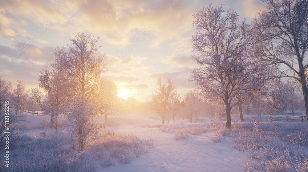 Serene Winter Morning: Tranquil Landscape with Frost-Covered Fields and Rising Sun, Soft Illumination, Peaceful Atmosphere | Ultra-Detailed Serene Winter Morning: Tranquil Landscape with Frost-Covered Fields and Rising Sun, Soft Illumination, Peaceful Atmosphere | Ultra-Detailed
