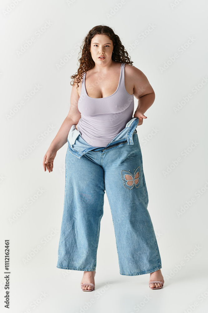 Young woman wearing fashionable attire poses with confidence in a minimalist studio space. Young woman wearing fashionable attire poses with confidence in a minimalist studio space.